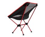 A black and red folding chair with a mesh back and red legs, featuring a compact design for easy transport.