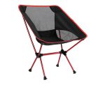 A folding chair in black with red accents, featuring a mesh back and a lightweight frame. Includes a travel bag.