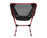 A folding chair with a red frame and black mesh seating. It features a compact design and has a travel bag.