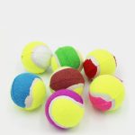 A set of eight tennis balls in various colours, including yellow, green, pink, red, and brown, featuring white stripes.