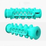 A bone-shaped pet molar stick in vibrant turquoise, featuring textured surfaces and a logo.