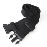 Black luggage strap featuring durable clips and a slide buckle for adjustment. Ideal for securing suitcase contents.