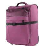 A purple suitcase with a handle and black straps. The bag features a large front pocket and wheels.