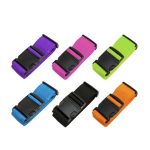 A set of six luggage straps in purple, pink, green, black, blue, and orange, featuring plastic clasps.