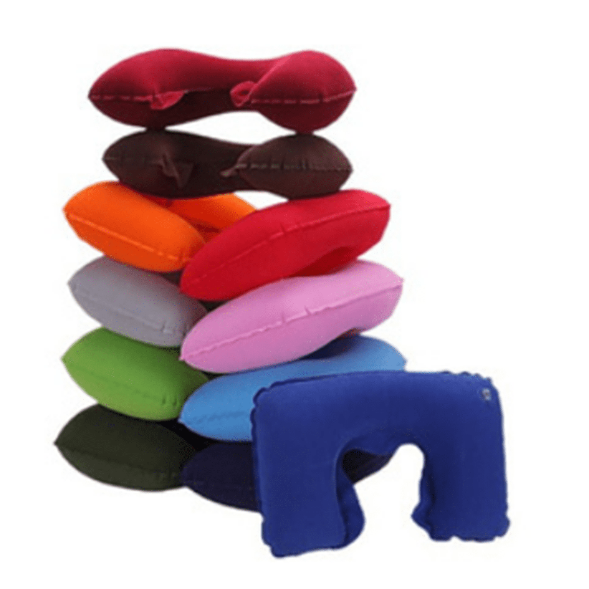 An assortment of U shape inflatable neck pillows in various colours, including red, blue, green, and orange, stacked together. An assortment of U shape inflatable neck pillows in various colours, including red, blue, green, and orange, stacked together.