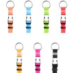 Luggage belts in various colours including orange, blue, green, pink, and black, featuring a metal ring and clips.