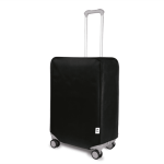 A black non-woven luggage dust proof cover for a suitcase with wheels and an extendable handle.