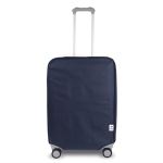 A navy non-woven luggage dust proof cover with a handle and wheels, featuring a logo.