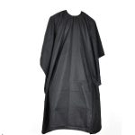 A black hair cutting smock with a loose, flowing design and a round neck opening, ideal for salon use.
