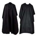 Two black hair cutting smocks with a loose, flowing design for salon use. Each smock features a neckline with no visible logos.