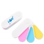 A nail file set featuring four files in pink, blue, yellow, and white, with a branded case.