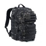 A large tactical backpack in dark camouflage with multiple compartments and a patch area. Features adjustable straps and branding.