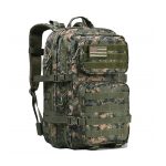A large tactical backpack in a camouflage pattern with multiple compartments and a small patch area. It has a reinforced handle and shoulder straps.