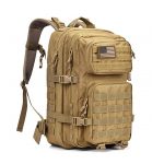 A large tactical backpack in tan colour featuring multiple compartments and a logo patch.