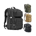 A large tactical backpack in black, with additional backpacks in camo green and tan. Features multiple compartments and a logo.