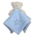A light blue baby blanket featuring a plush bear head and a star emblem, with a soft, fluffy texture.