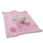 A pink bear baby blanket with a soft texture and a plush teddy bear attached, featuring an embroidered heart.