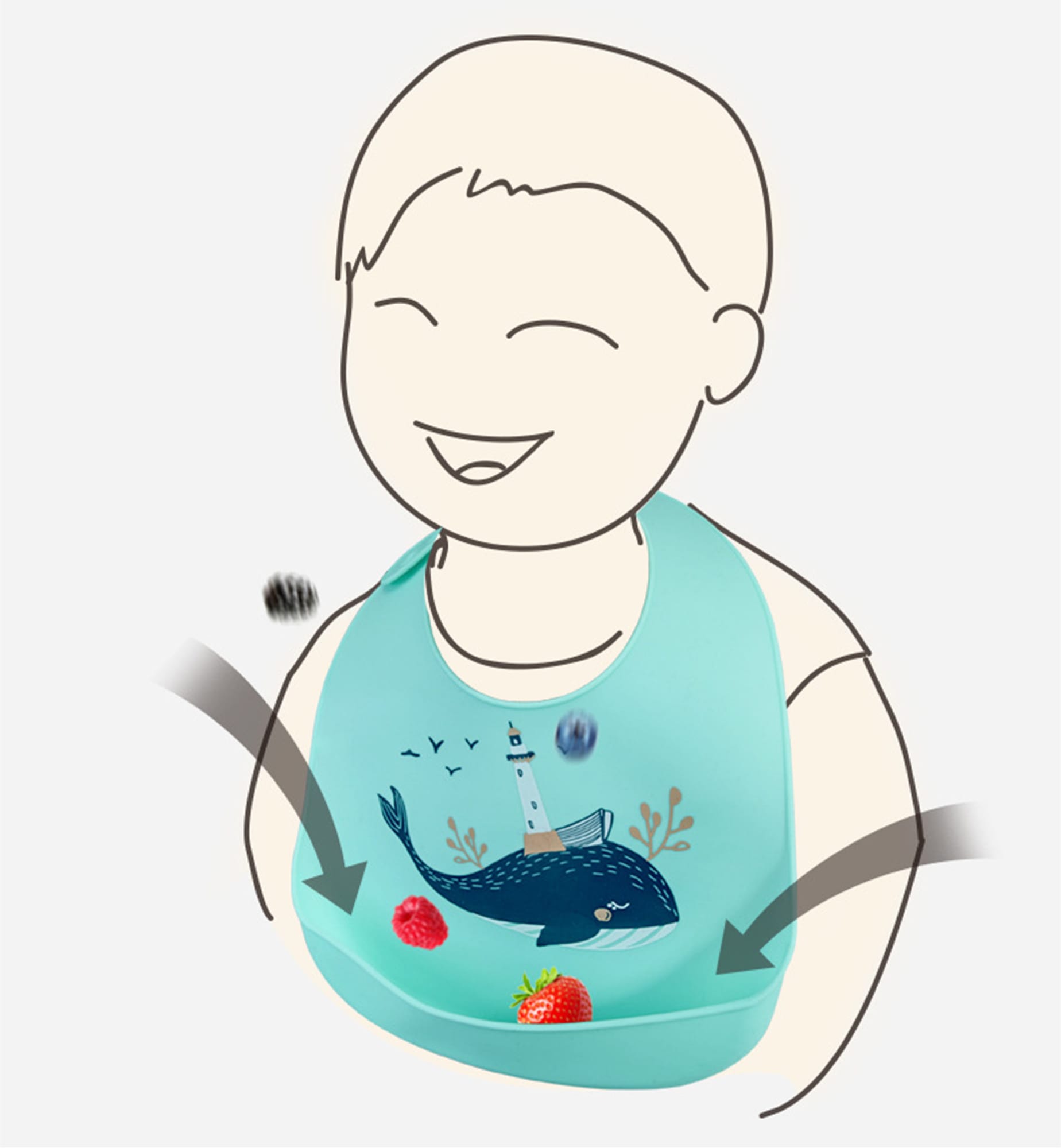A silicone baby bib in light blue featuring a whale design, with a catch pocket for food. It has a branding logo. A silicone baby bib in light blue featuring a whale design, with a catch pocket for food. It has a branding logo.