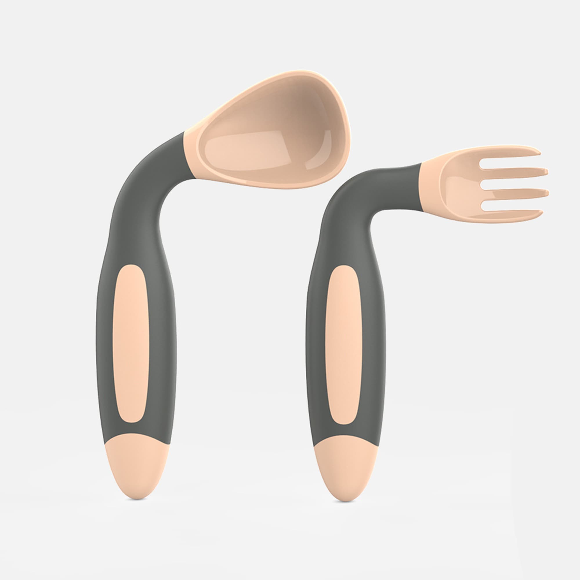 A grey and beige baby fork and spoon set with ergonomic handles. The spoon has a rounded scoop, and the fork features three prongs. A grey and beige baby fork and spoon set with ergonomic handles. The spoon has a rounded scoop, and the fork features three prongs.