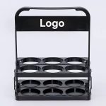 A black drink carrier with a handle, featuring eight circular compartments for bottles or glasses.