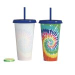 A drink bottle featuring a tie-dye design in vibrant colours, with a blue lid and straw, alongside a matching lid.
