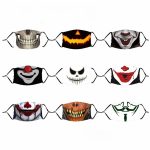 A collection of Halloween masks featuring various designs, including clowns, skulls, and pumpkins in dark and vibrant colours.