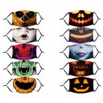A collection of Halloween masks featuring various spooky designs, including monsters, skulls, and pumpkins, predominantly in black, orange, and green.