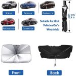 A car windshield sunshade in silver and black, featuring a front and back view, suitable for various vehicle types.