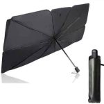 A black car windshield sunshade with a compact carrying case, designed to protect interiors from sunlight.