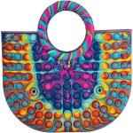 A colourful, multi-patterned tote bag featuring a push pop fidget design with a round handle.