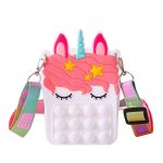 A unicorn-shaped bag in pink and white, featuring a rainbow strap and pop fidget elements. Includes eye-catching details.