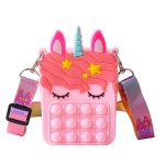 A pink unicorn-shaped bag with a pop fidget design and colourful strap features stars and a horn. It has a logo.