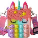 A unicorn-shaped bag in pastel colours with pink hair, a horn, and a bubble popping feature on the front.