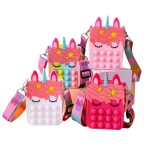 Four unicorn-shaped bags in pink, white, and multicolour with pop bubble features and adjustable straps.