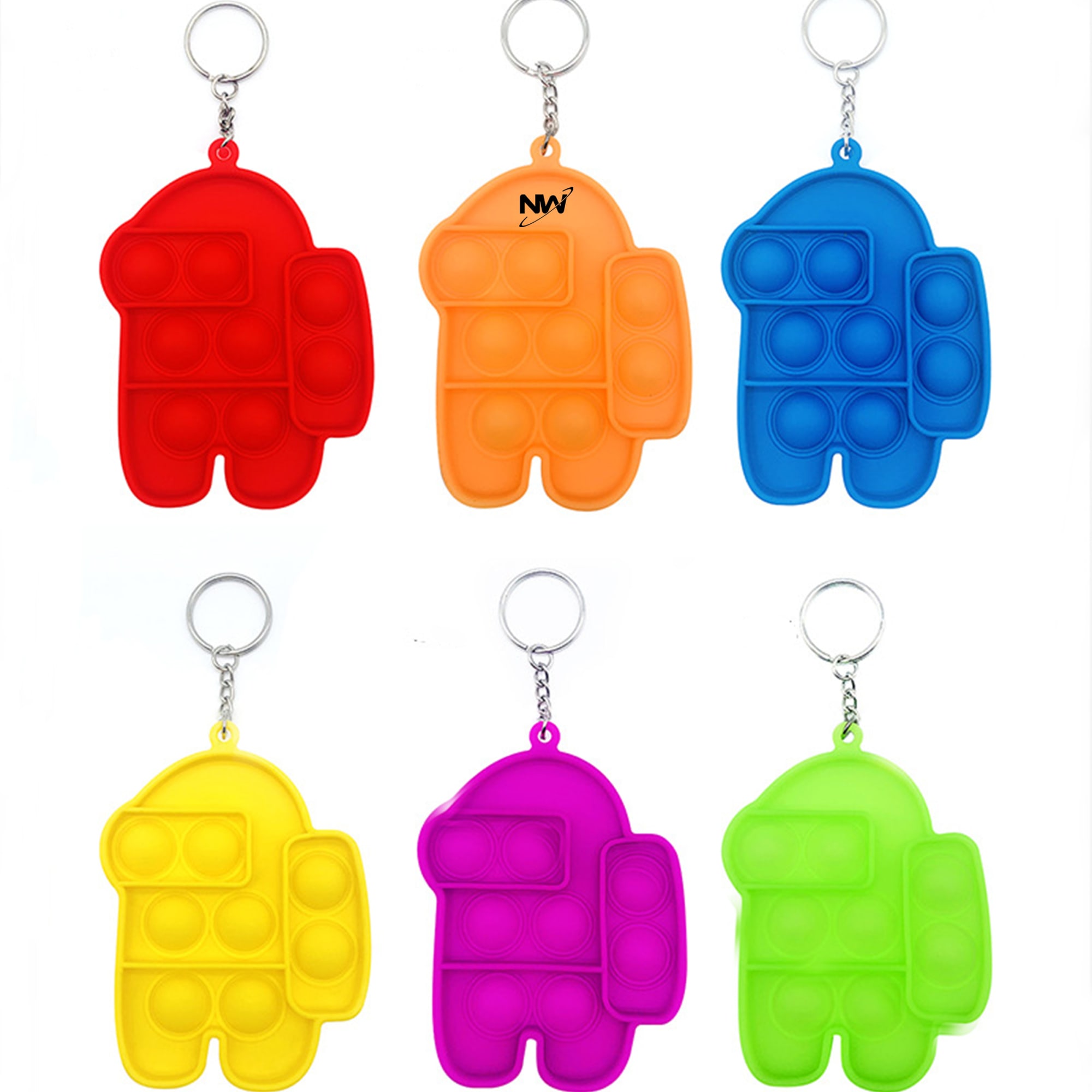 Six key chains in various colours: red, orange, blue, yellow, pink, and green, each shaped like a spaceman. Six key chains in various colours: red, orange, blue, yellow, pink, and green, each shaped like a spaceman.