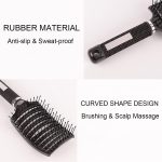 A paddle hair brush featuring a rubber handle for a non-slip grip and a curved shape for effective styling and scalp massage.