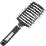 A black paddle hair brush with wide teeth and a textured handle, featuring a logo on the base.