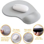 A grey office mousepad featuring a white mouse, with a silicone wrist resting area and non-slip backing.