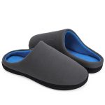 Men's grey two-tone memory foam slippers with blue inner lining, featuring a sleek design and a logo on the sole.