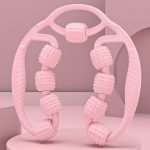 A pink leg massager with textured rollers, designed for muscle relaxation and relief. It features a contoured handle.