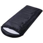 A lightweight backpacking sleeping bag in black, featuring a smooth exterior and a rounded opening at one end.