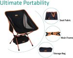 A lightweight portable folding chair in black and orange, with a mesh seat and a storage bag. Includes main frame details.