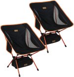 Two lightweight portable folding backpacking chairs in black with orange accents, featuring a mesh back and a storage bag.