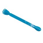 A blue helping hand back scratcher with a shoe horn feature, designed for ease of use.