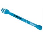 A blue helping hand back scratcher with a shoe horn, featuring a logo on the side.
