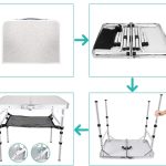 An adjustable height camping table in grey and silver, featuring a mesh layer and disassembled parts shown in steps.
