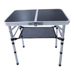 An adjustable height camping table in black and silver, featuring a mesh layer underneath for additional storage.