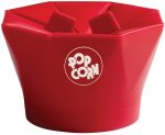 A red popcorn bucket with a logo, featuring a unique folding design for easy storage.