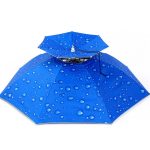 A blue folding umbrella with a raindrop design and a central opening, featuring a black handle and frame.