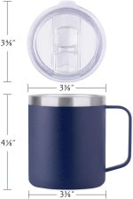 A vacuum insulated camping mug in navy blue with a stainless steel lid and a handle, featuring a logo.
